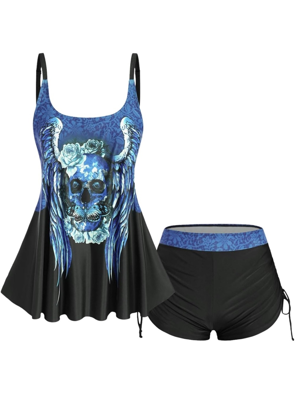 🚘Rosegal Black & Blue Winged Skull rose wing print Tankini cinched boyshorts 2X